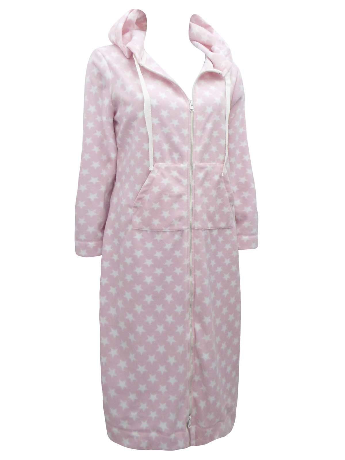 Marks And Spencer Mand5 Pink Star Print Zip Front Hooded Fleece Dressing Gown Lounger Size 8