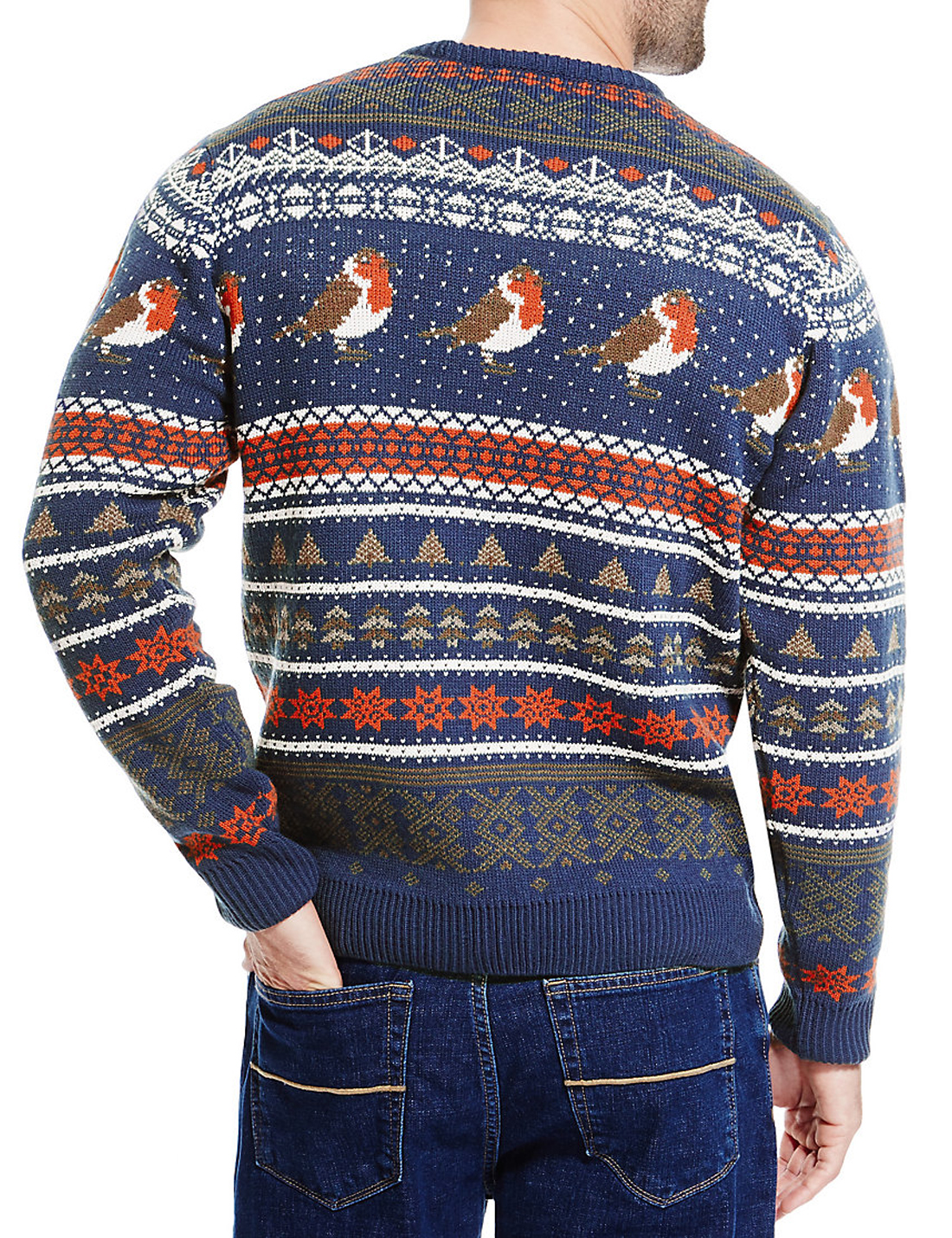 Marks And Spencer Mand5 Mens Navy Christmas Robin And Fairisle Jumper